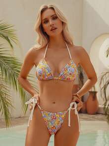 wohenmeili Bộ bikini hở lưng thắt nút họa tiết hoa gợi cảm dành cho nữ, phong cách nghỉ dưỡng trên bãi biển - Nhiều màu - Xem 3