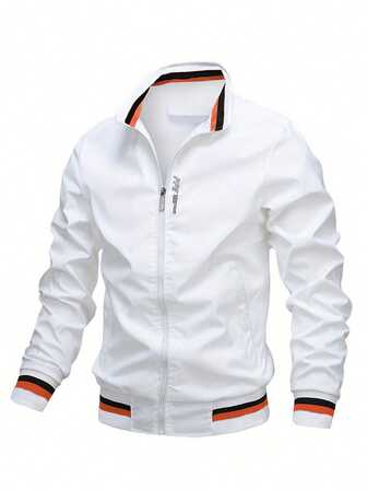 Men Long Sleeve Letter Graphic Striped Trim Zip Up Jacket, For Fall