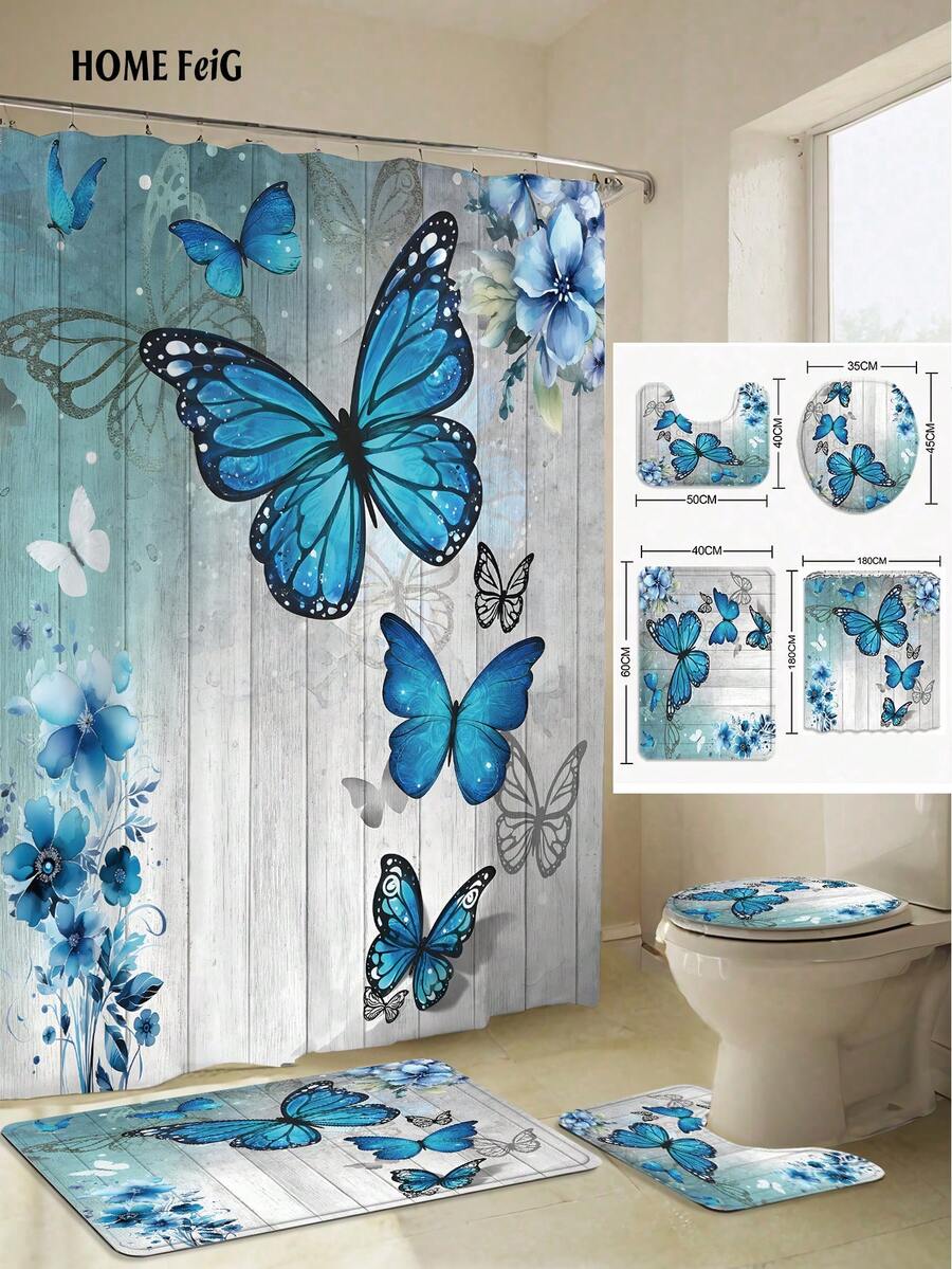 4pcs Blue Butterfly Floral Wood Shower Bathroom Set, Fresh Nature-Inspired Waterproof And Wear-Resistant Bathroom Decor And Accessories,With 12 Hooks - Includes Toilet Seat Cover, Bath Mats, And Rugs Polyester Fabric - Washable - Perfect For Holiday Decor,Gift,Home/Bedroom/House/Western Decoration,Spring Decorations - 彩色 - 查看 1