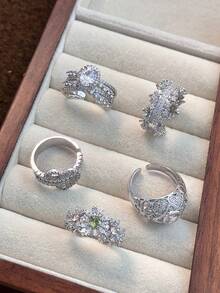 Bộ 5 nhẫn hở có thể điều chỉnh bằng đá Cubic Zirconia thời trang sang trọng, thích hợp cho trang phục hàng ngày, tiệc tùng, đám cưới, cô dâu - Bạc - Xem 5