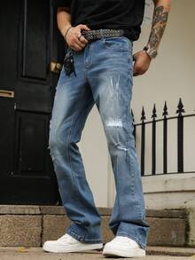 Men's Slim Fit Stretch Washed Distressed Flared Jeans, All Season - Blue - View 5