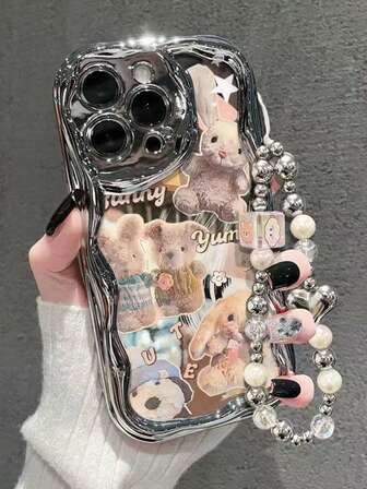 Funda de teléfono suave con textura brillante y pintada con electrochapado, compatible con iPhone 17/17 Pro/17 Pro Max, 16/16 Pro/16 Pro Max, 15, XR, 7P/8P, P12 Pro Max, P13 Pro Max, P14 Pro Max, P13, P14, P11, P12, P14, XS/S/XS Max/7/8, con diseño de oso de dibujos animados y conejo, protección gruesa y elegante