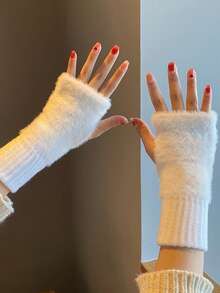 1 Pair Women's Fingerless Gloves, Fluffy Student/Office Writing Mid-Length Gloves For Winter - Multicolor - View 6