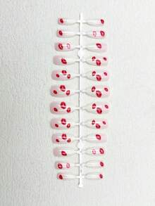 Add A Touch Of Romance With 24pcs, Press On Nails Medium, Simple Daily Routine, Nail Art,French Tip Nails, Light Pink And White Base Color, Almond Nail Tips, Red Lip Print, White Nails,Red Nails, Creative, Romantic And Sweet, Press On Nails Almond,Nail Set, Suitable For Girls And Ladies' Daily Life, Dates, Holidays, Parties, Nail Supplies+1 Piece Of Jelly Glue+1 Rubbing Strip