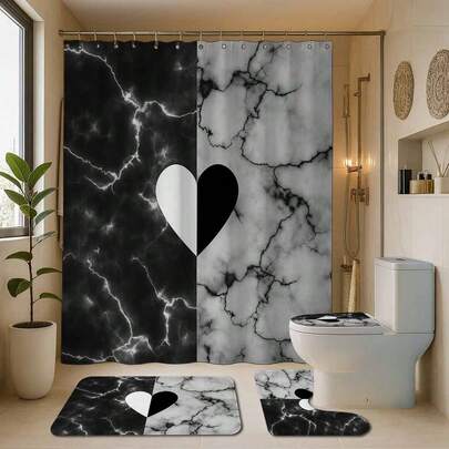 1/4 piezas Juego de cortina de ducha con patrón geométrico asimétrico, incluye alfombra de baño, alfombra en forma de U para el inodoro, tapa del inodoro, cortina de ducha impermeable, cortina de moda para decoración del baño, estilo moderno, sin necesidad de perforar, de poliéster, lavable a máquina