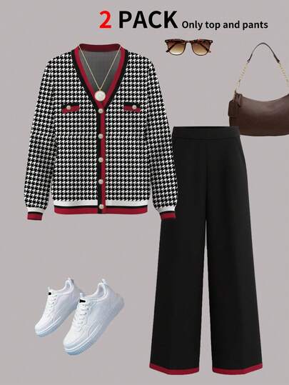 Plus Size Women 3-Season Matching Set, Fashionable Retro Colorblock Houndstooth Knit Cardigan Long Sleeve Top And Comfortable Wide Leg Pants 2 Pieces Outfit