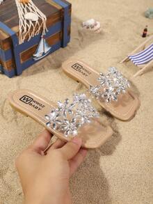 Girls' Crystal Rhinestone Slippers, Korean Princess Style Flower Strap , Fashionable Transparent Beach Sandals, Summer New Arrival - Clear - View 3