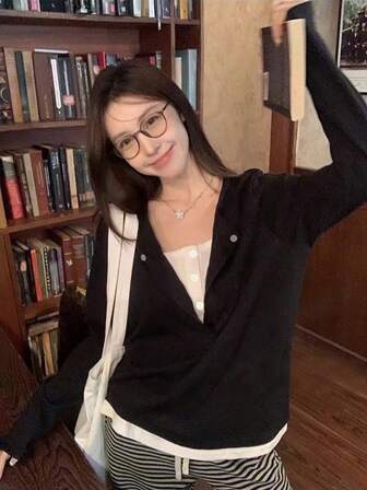 女士二合一长袖T恤，宽松版型，百搭单品，秋季新品