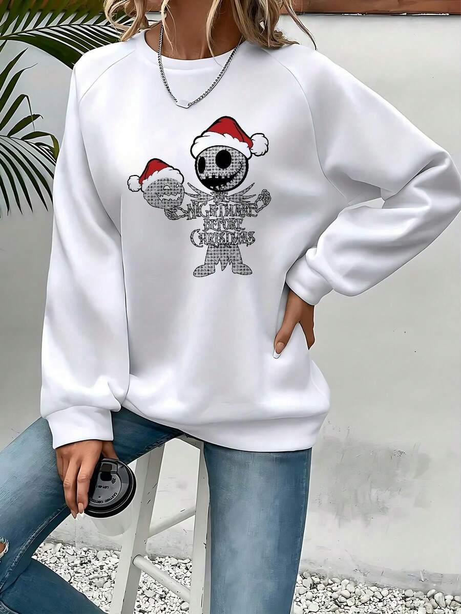 Women's Black Nightmare Before Christmas Sweatshirt -  & Sally Graphic Crewneck Pullover, Cozy Casual Winter Sweater For Fans, Machine Washable Holiday Apparel - 白色 - 查看 1
