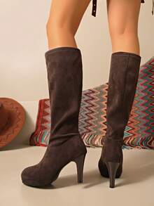 女士坡跟过膝长靴，绒面革波西米亚风冬季长靴，超高跟长靴，波西米亚风毛绒内衬过膝长靴，新款复古长靴，粗跟圆头百搭踝靴，厚底 - 咖啡棕 - 查看 5