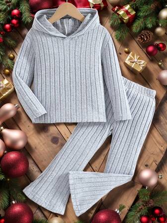 2pcs Girls Fashion Cute Ribbed Stretchy Soft Hoodie Top + Flare Pants Set, Suitable For Autumn/Winter Sports And Home, Christmas Gift