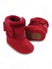 Infant Girls' Bow Decor Solid Color Snow Boots, Newborn Soft Sole Comfortable Prewalker Shoes, Winter