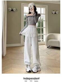 2025 Spring/Summer New Arrivals: Women's Lace Mesh Patchwork Wide Leg Pants, Loose Fit, Lazy Straight Pants, Perfect For Everyday Casual Wear, Spring/Summer Women's Fashion Bottoms - 白灰色 - 查看 3