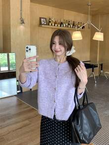 休闲宽松圆领针织开衫，韩版风格 - 紫色 - 查看 3