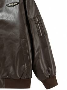 Men's Outdoor Solid Color PU Leather Jacket, Fleece-Lined Motorcycle Jacket, Suitable For Everyday Outdoor Activities. - màu nâu - Xem 5