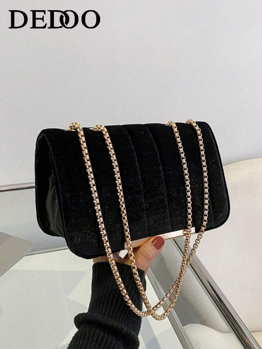 Simple Velvet Embroidered Thread Chain Bag - Black - View 1