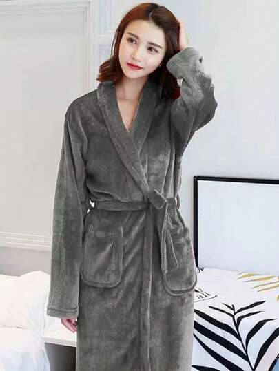 Unisex Super Soft Coral Fleece Bathrobe - Thick, Absorbent, Quick-Dry Long Sleeve Bathrobe With Pockets, Machine Washable - Perfect For Autumn/Winter