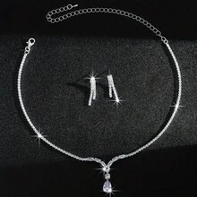 1pc Bracelet, 1pc Necklace, 1 Pair Earrings - Luxury Cubic Zirconia Necklace, Earrings And Bracelet Set For Women, Wedding/Engagement Jewelry - Silver - View 6