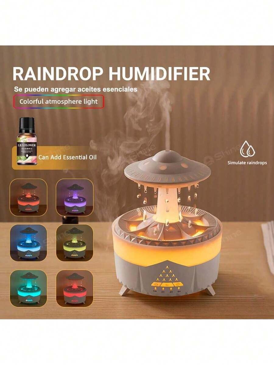 Humidificador de luz nocturna de nubes de lluvia, aromaterapia con gotas de lluvia y difusor de aceite esencial de lámparas LED de 7 colores - Blanco - Ver 1
