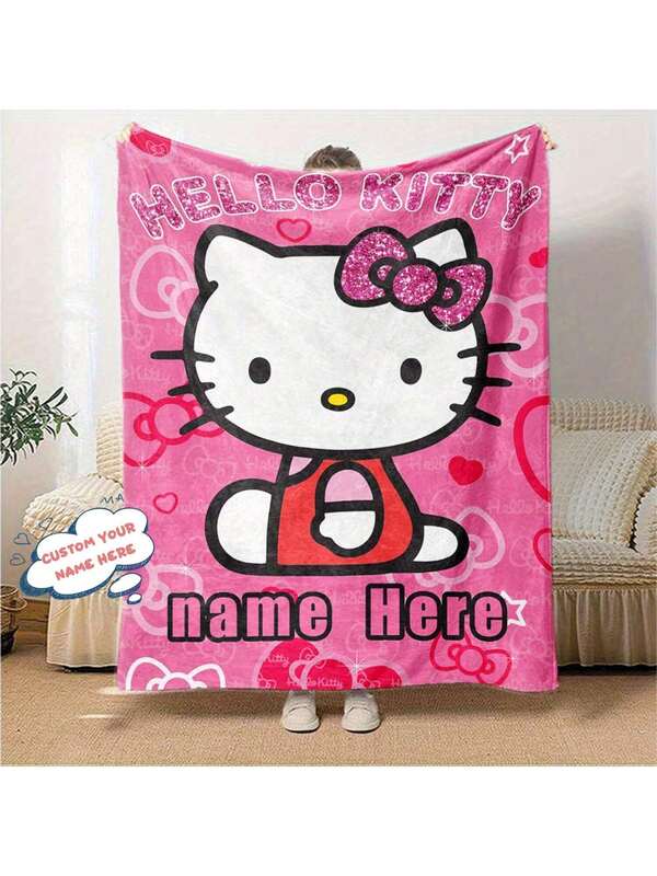 Sanrio Custom Name Hello Kitty Blanket With Pink Bow & Hearts - 280GSM Ultra-Soft Flannel Personalized Gift For Friends, Girlfriends, All-Season Cozy Throw, Cute Blanket, Contemporary Flannel Design, Heat Transfer Printing