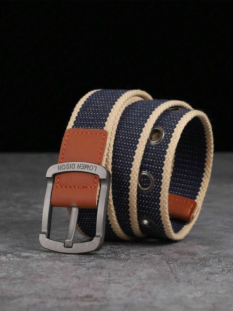 1条男士皮带，加厚多孔帆布腰带，学生青年韩版百搭牛仔编织腰带，女士适用 - 藏蓝色 - 查看 1