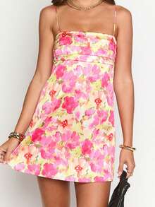 Women's Mini Cami Dress Floral Print Solid Color Sleeveless Spaghetti Strap Beach Dress For Spring Summer - 花色 - 查看 1