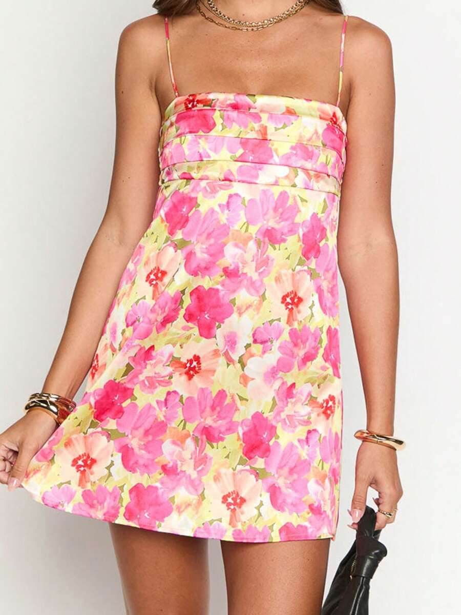 Women's Mini Cami Dress Floral Print Solid Color Sleeveless Spaghetti Strap Beach Dress For Spring Summer - 花色 - 查看 1