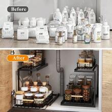 Organizador Bajo del Fregadero con Deslizamiento Ajustables Estante Organizador de Fregadero Cocina y Baño Extraíble para Gabinete 2 Niveles Cajón Deslizante Metal Especieros para Cocina - 1Pieza - Ver 4