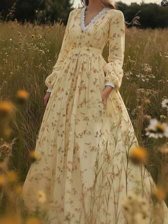 Plus Size Women's Spring/Autumn V-Neck Lace Patchwork Ditsy Floral Long Sleeve Casual Dress, Elastic Waist Elegant Maxi Dress Suitable For Outdoor Wear