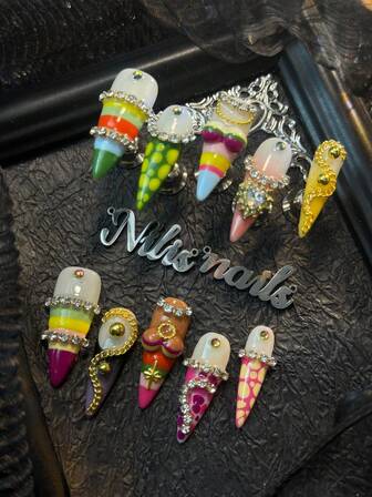 10pcs Stiletto Nail Set, Handmade Nail ArtStickers,3D Three-Dimensional Nail Rhinestone Steel Ball Accessories, Colorful Shiny Nail Gems, Handmade Carving Bikini Design, Rose Red&Blue&Yellow&Brown Multicolor Tie Dye Rainbow Stripe Black French Tip Nails Hand Drawn Geometric Patterns In Y2k Style Wearable NailArt Set Suitable For Women To WearDaily Parties (With: A Piece Of JellyGlue And A Friction Strip) Nail SuppliesNails