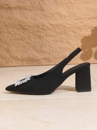 1 Pair Fashion Fabric Rhinestone Women's Pointed Toe Mule Sandals, Black Low Vamp High Heels, Suitable For Party And Summer