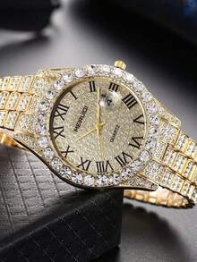 1pc Men's Gold Steel Band Fashion Rhinestone Hip Hop Style Casual Quartz Wrist Watch, Suitable For European And American Youth And Students - one-size - View 1