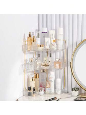 化妆品收纳架 三层浴室收纳架 适用于香水、化妆品、护肤品、洗漱用品等 多功能收纳架 适用于梳妆台、卧室、客厅、浴室（透明三层）