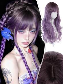 26 Inch Purple Gradient Long Curly Hair Wig With Bangs Lolita Wig Synthetic Heat-Resistant Fiber Wig Suitable For Ladies Halloween Christmas Role-Playing Party Ball To Wear - Multicolor - View 11