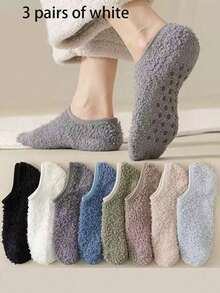 1/3/6 Pairs Random Women Short Socks, Coral Fleece Socks, Fluffy Socks, Indoor Home Warm Non-Slip Short Tube Sleeping Socks, Suitable For Multiple Occasions, Autumn/Winter