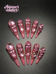 Each Set Includes 10 Pieces Of Handcrafted Y2K High-Heel Acrylic Nail Tips, Featuring A French Design Adorned With Numerous Rhinestone Decorations. Available In Multiple Tones And Nude Shades, These Press-On Nails Come In Three Sizes To Fit Various Needs. Perfect For Parties, Galas, And Daily Wear, The Set Also Includes A Nail Tool Kit, Making It An Ideal Gift For Women And Girls. - Multicolor - View 1