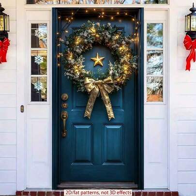 2D Polyester Ramadan Door Banner 1pc Festive Christmas Wreath With Golden Bow And Star, Adorned With Twinkling Lights Eid Al-Fitr Photo Props And Supplies, Suitable For Muslim Ramadan And Eid Al-Adha Celebrations, Islamic-Themed Holiday Decorations