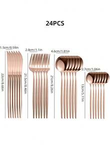 24pcs Stainless Steel Hotel Flatware Set, Includes Forks, Spoons, And Tea Spoons - Rose Gold - View 5