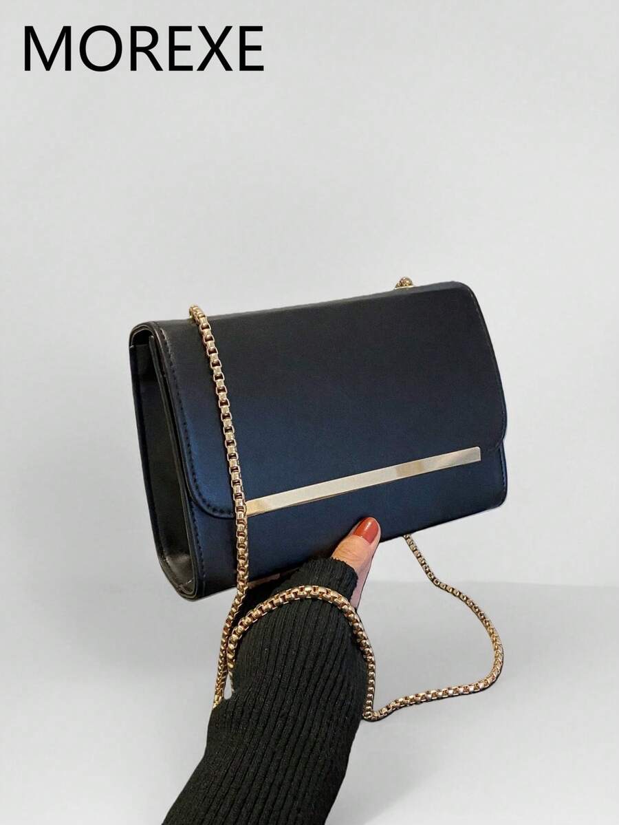 Túi đeo chéo vai cho nữ, Túi da PU màu trơn, có dây đeo xích trang trí viền kim loại và thiết kế hình vuông nhỏ - màu đen - Xem 1