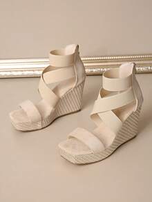 Women's Crisscross-Strap Wedge Sandals, Elegant Platform Espadrille High Heels, Summer Beach Vacation Shoes - Màu be - Xem 4