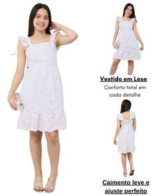 Vestido Curto Juvenil Regata Manga Babado Laise Cintura Solta Casual Conforto e Estilo Amarrar - Branco - Visão 5