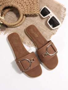 Nuevas sandalias de playa con hebilla metálica en forma de D de unicolor y de moda - Óxido marrón - Ver 1