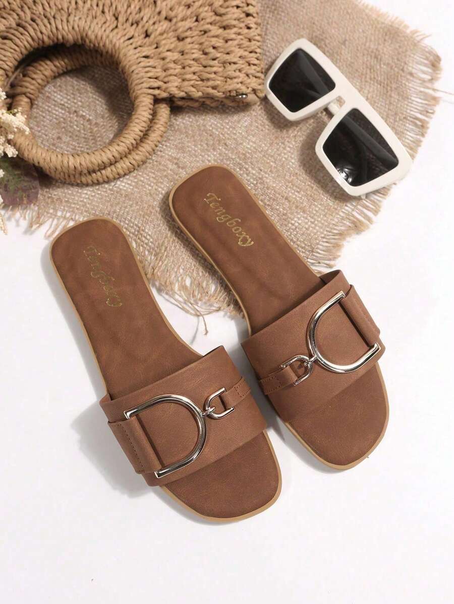 Nuevas sandalias de playa con hebilla metálica en forma de D de unicolor y de moda - Óxido marrón - Ver 1