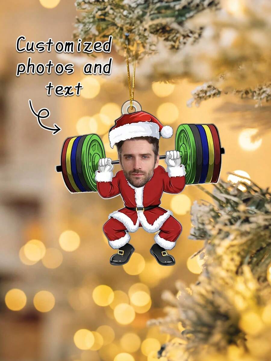 Customized Personalized Photo Of A Human Face Of Santa Claus For Weightlifting Hanging Ornaments As Christmas Tree Decorations. Gift For Fitness Enthusiasts And Exercise Partners. Decorations For Christmas Parties.,Elegant Living,Artful Living - Barbell - View 1