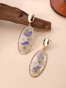 1 par de pendientes rectangulares con efecto de resina y flores secas multicolor de moda, delicados y versátiles para mujeres, adecuados para vacaciones, fiestas y uso diario. Puede haber una ligera diferencia entre la flor seca real y la imagen. - Azul neblina - Ver 10