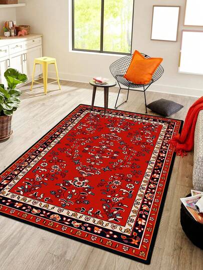 1pc Vintage Geometric Print Area Rug, Polyester Red Print Rectangular Easy Care Washable Carpet For Living Room, Hallway, Bedside, Living Room, Bedroom, Office, Kitchen, Farmhouse Decor