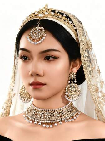 4pcs/Set Luxurious Bohemian Style Handmade Bead Tasse With Faux Pearl Jewelry Set ,Including Maang Tikka Hair Chain & Rhinestone Necklace With Earrings Suitable For Women's Wedding Wear,Daily Or Festival Gift