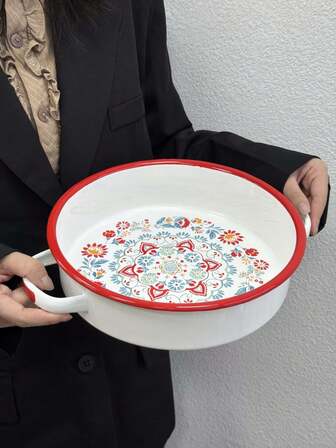 1pc Enamel Ceramic Double-Ear Round Plate, High-Quality Red Bohemian Tableware, Large Capacity Deep Dish, Heat-Resistant Handles, Fruit & Cake Bowl, Suitable For Home, Restaurant, Cafe, Dessert Shop, Gift