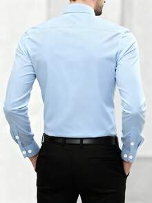 男士纯色长袖单排扣休闲/商务通勤衬衫，基础款长袖商务衬衫，休闲商务正装衬衫 - 淺藍色 - 查看 4