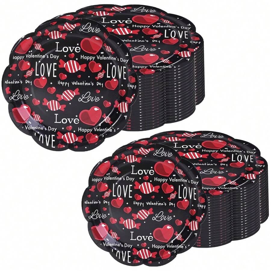 10个/20个/40个/50个装,情人节餐盘套装,黑色红色一次性7英寸和9英寸扇形纸盘 - LOVE 情人节快乐印花心形糖果图案餐盘,适合情侣浪漫晚餐、闺蜜节、新娘送礼会等场合。 - 多色A - 查看 1
